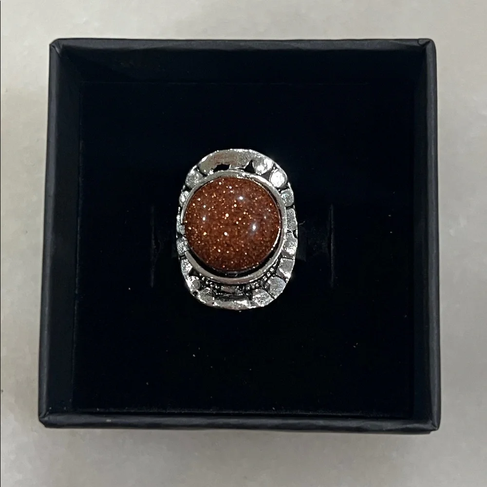 Goldstone Stone Antiqued Silver Adjustable Ring